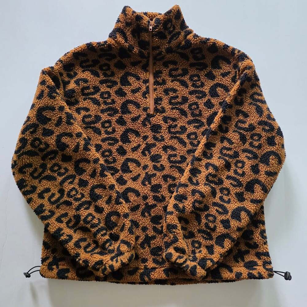 Womens Leopard Print Sherpa Quarter Zip Pullover Jacket size Small